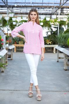 Soft and elegant, with a flirty rick rack at the collar and bell sleeves, this blouse could not be an easier effortlessly chic style. Shaping darts on waist for a tailored fit. V-neck Top With Placket For Spring, Chic Split Neck Blouse For Daywear, Chic Stretch Collared Blouse, Spring Split Neck Blouse With Placket, Stretch Blouse With 3/4 Sleeves, Pink 3/4 Sleeve Top For Work, Spring Collared Tunic For Workwear, Spring Workwear Collared Tunic, Spring Workwear Fitted Tunic