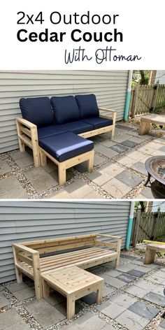 two photos showing the same bench and table in front of a building with text overlay that reads, 2x4 outdoor cedar couch with ottoman