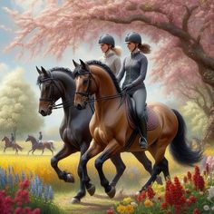 two women riding on the backs of brown horses through a flower filled field with trees