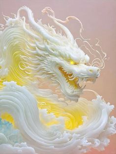 a white dragon with yellow eyes is in the air above some clouds and blue water