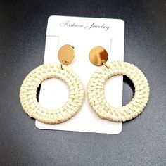 Handmade Beautiful Natural Straw Earrings Boho Fashion Each Is Original Due To The Nature Of The Material And Handmade Process New Nwt Welcome.I Have 2 Sales Always Going On In My Closet. I Need 3 Items Added To A Bundle Automatically Received 20% Off With No Offer Needed. Any 5 Items Listed $12 Or Less Can Bundle For $35. Just Let Me Know When You're Ready.I Can Send The Offer If You Have An Already. Have A Blessed Day. White Woven Beach Jewelry, White Woven Earrings For Gift, Summer Adjustable Circle Earrings, Adjustable Circle Earrings For Summer, Elegant Woven Jewelry For Vacation, Casual Hoop Earrings For Beach, Casual White Woven Jewelry, Casual Hoop Earrings For The Beach, Trendy Woven Earrings