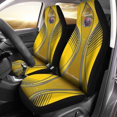 yellow and black car seat covers with emblems