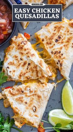 chicken quesadillas cut into triangles on a plate