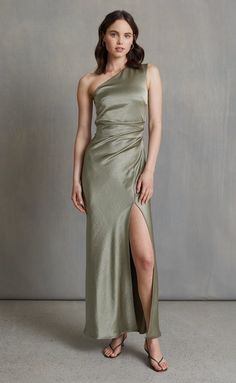 THE DREAMER ASYM DRESS - SAGE Bridge Dress, One Shoulder Maxi Dress, Dress Sage, Australian Fashion Designers, Leg Split, Bridesmaid Style, Asymmetrical Neckline, Strapless Bra, Wedding Bridesmaids