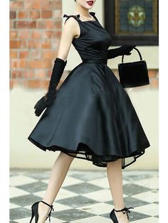 A-Line Cocktail Black Dress Vintage Dress Graduation Wedding Guest Tea Length Sleeveless Square Neck Satin with Sash / Ribbon Bow(s) Pure Color 2024 2024 - $154.99 Vintage Inspired Dresses Formal, Vintage Dress 50s, Cocktail Dress Elegant, 1950s Party Dresses, Pleated Skater Dress, Sparkle Prom Dress, Plus Size Vintage Dresses, Cheap Cocktail Dresses, Cocktail Dresses Online