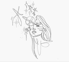 a black and white drawing of a woman's face with stars in the background