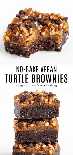 no - bake vegan turtle brownies are stacked on top of each other