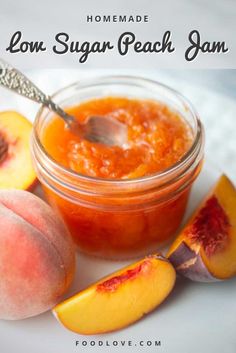 homemade low sugar peach jam in a glass jar