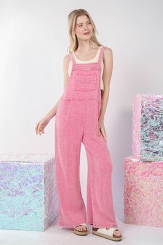 The texture washed wide leg overalls offer a stylish and relaxed look with a touch of vintage charm. Made from textured fabric, these overalls have a unique appearance that adds depth to your outfit. The wide leg design creates a modern and flattering silhouette that is comfortable and chic. Perfect for casual outings or days when you want to exude effortless style, these overalls are versatile and easy to pair with your favorite tops. Elevate your everyday look with the texture washed wide leg Pink Denim Jumpsuit Outfit, Wide Leg Overalls, Pink Overalls, Pink Texture, Baywatch, Leg Design, Textured Fabric, Everyday Look, Effortless Style