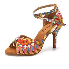 a women's high heeled sandal with colorful flowers