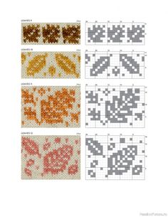 four cross stitch patterns, each with different colors and designs on the same piece of fabric