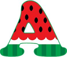 a watermelon letter with black dots on it