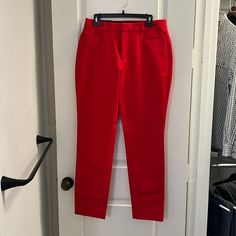 New With Tags. Red Trousers With Pockets, Casual Red Straight Leg Dress Pants, Casual Red Dress Pants With Pockets, Casual Red Dress Pants For Spring, Red Dress Pants With Pockets For Spring, Red Straight Leg Dress Pants For Spring, Red Fitted Straight Leg Pants, Casual Red Dress Pants For Work, Red Straight Dress Pants For Work