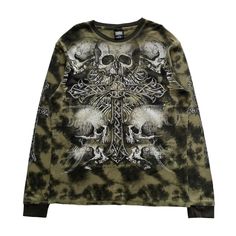 Fall Streetwear Top With Skull Print, Casual Skull Print Tops For Winter, Casual Winter Tops With Skull Print, Long Sleeve Skull Print Tops For Streetwear, Long Sleeve Tops With Skull Print For Streetwear, Alternative Long Sleeve Tops With Skull Print, Green Skull Print Streetwear Top, Green Skull Print Top For Streetwear, Green Skull Print Tops For Streetwear