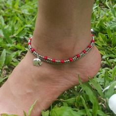 Hand Made Fair Trade Anklet Double Strand Silver Red Beads Elephant Silver Beaded Anklets For Festival, Silver Beaded Festival Anklets, Festival Silver Beaded Anklets, Adjustable Silver Beads Anklet For Summer, Casual Silver Anklets For Gifting, Casual Silver Anklets As Gift, Traditional Silver Anklets For Summer, Casual Silver Anklets For Gifts, Silver Beaded Anklets As Gift