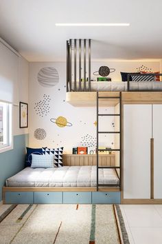 a bedroom with bunk beds and white walls