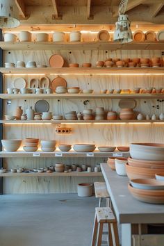 the shelves are filled with dishes and plates