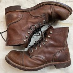 This Is A Great Pair Of Broken In Red Wing Iron Ranger Boots! The Leather Is Broken In Nicely And The Sole Is A Good Shape As Well. There Is Some Heel Wear As Shown, But Not Bad For How Broken In They Are! These Are Labeled A Mens Size 9.5 Vintage Oiled Leather Moto Boots With Round Toe, Vintage Lace-up Oiled Leather Boots, Vintage Work Boots With Goodyear Welt Construction, Vintage Moto Boots With Leather Footbed And Moc Toe, Vintage Moc Toe Moto Boots With Leather Footbed, Vintage Oiled Leather Work Boots With Round Toe, Rugged Lace-up Boots With Goodyear Welted Construction, Rugged Lace-up Boots With Goodyear Welt, Vintage Boots With Reinforced Cap Toe