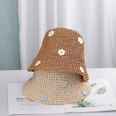 Material Straw size 56-58cm Brown Crochet Hat For Spring Outdoor, Spring Outdoor Brown Bucket Hat, Beige Straw Bucket Hat For Outdoor, Outdoor Beige Straw Bucket Hat, Casual Straw Cap, Casual Brown Crochet Hat With Flat Brim, Casual Brown Straw Cap, Cottagecore Hat, Woman Hat