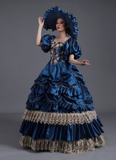 High-end Blue And Yellow Flower Baroque Dress Civil War Ball Gown Reenactment Theatre Costume Baroque Dresses, Masquerade Party Dresses, Gothic Victorian Dresses, Baroque Dress, Rococo Dress, Hoop Skirt, Party Dresses Online, Dress Hat, Gowns With Sleeves