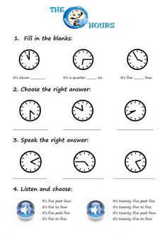 the worksheet for telling time is shown in blue and white, with four different clocks