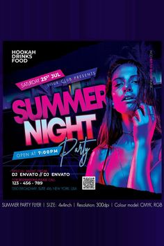 a flyer for a summer night party with a woman in neon colors on the front