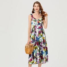 Style: Boho & Vacation,Elegant Fit: Regular Fabric: Polyester Pattern: Floral Element: Non Neckline: V-Neck Sleeve Type: Others Sleeve Length: Sleeveless Product Type: A Line Dress Occasion: Vacation,Daily Dress/Skirt Length: Midi Main Composition: Polyester Season: Summer Elegant Sleeveless Floral Print V-neck Dress, Sleeveless V-neck Dress For Garden Party, Chic Sleeveless Floral Print V-neck Dress, Chic Sleeveless V-neck Dress With Floral Print, Summer Sleeveless Floral Print V-neck Dress, Floral Print Sleeveless V-neck Summer Dress, Multicolor Sleeveless V-neck Dress For Summer, Elegant Multicolor V-neck Sleeveless Dress, Multicolor Sleeveless V-neck Summer Dress