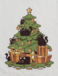 a white t - shirt with black cats around a christmas tree and presents under it