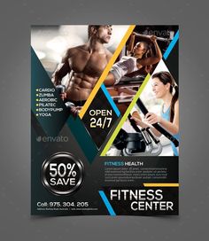 a flyer for a fitness center with an image of a man and woman in the background