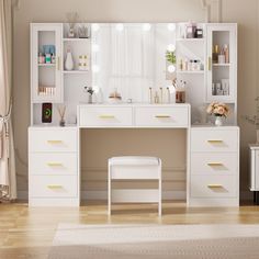 a white desk topped with lots of drawers