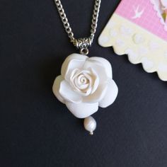 White Gardenia Necklace. White Bridal Gardenia Necklace. Flower Necklace  Description: material - polymer clay, natural freshwater pearls. Size - The length of the necklace is adjustable, the length of the pendant is 4cm/1.57in, the width is 3cm/1.8in. Flower diameter 3*3cm/1.8*1.8inch. Necklace bride, mother's day gift, sister's gift, gift for her. Gardenia Necklace, Fimo Ring, Black Statement Ring, Polymer Clay Ring, White Gardenia, Necklace Flower, Rose Pendant, Floral Pendant, Rose Necklace