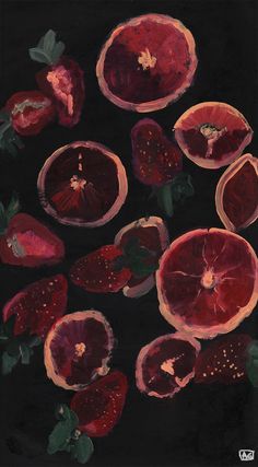 a painting of pomegranates on a black background