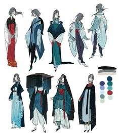 the concept art for an upcoming anime character, from left to right, is shown