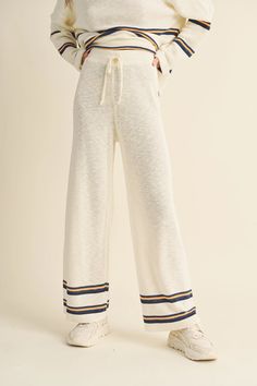 Adorable Striped comfy pants! Easy to throw on weith any ABOVO Basic! Model is wearing size S Measurements taken from size S Height - 5' 7 1/2" / 175.3CM 33(Bust) - 24(Waist) - 34(Hips)80% VISCOSE 20% POLYESTER hand wash White Wide Leg Harem Pants For Loungewear, Comfortable Straight Leg Harem Pants For Loungewear, Leisure Wide Leg Harem Pants With Elastic Waistband, Comfy Full Length Pants With Elastic Waistband, Casual Full-length Harem Pants For Loungewear, Spring Cozy Wide Leg Pants, Cozy Leisure Pants For Spring, Cozy Wide Leg Spring Pants, Cozy Spring Leisure Pants