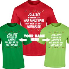 Awesome personalized Family Name shirts for Christmas and the Holidays. Great for family photos and pictures. Great custom family matching Christmas shirts. **NOTE on colors --> Toddler colors may be slightly different and not identical matching shade of color to adult and youth shirts as they are a different BRAND of shirt and made by differenct companies. They are close, but did want to include this information. **Message us with any questions on your order. 100% Preshrunk Cotton Diy Christmas Shirts, Matching Family Christmas Shirts, Tacky Sweater, Christmas Vacation Shirts, Jolliest Bunch, Custom Crewneck Sweatshirts, Matching Christmas Shirts, Christmas T Shirt Design, Family Funny