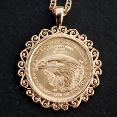 "You are looking at a gorgeous solid gold necklace, set with an authentic US 2021 1/10 oz Gold American Eagle Gem BU Uncirculated Coin - showing REVERSE in front. Obverse: Adapted from Augustus Saint-Gaudens' famed Gold Double Eagle design, which features Lady Liberty with flowing hair, a torch in her right hand, and an olive branch in her left. The Type 2 design features added details from the original bronze cast to enhance this beloved design. Reverse: a bold close-up portrait of an eagle, de Gold Coins For Sale, Gold Coin Ring, Gold Bullion Coins, Double Eagle, Uncirculated Coins, Expensive Jewelry Luxury, Flowing Hair, Eagle Design, Solid Gold Necklace