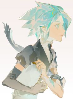 an anime character with blue hair holding a bag