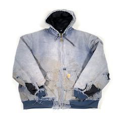 This is a vintage Carhartt jacket, it is in extremely worn vintage condition with fading, rips, holes, staining, and extreme wear. It is labeled as a size XXL and fits up to a 3XL. Measurements below: pit to pit: 29" length: 30" Urban Style Distressed Acid Wash Outerwear, Vintage Ripped Outerwear For Streetwear, Vintage Ripped Streetwear Outerwear, Rugged Distressed Winter Outerwear, Urban Distressed Acid Wash Outerwear, Vintage Ripped Long Sleeve Outerwear, Faded Distressed Outerwear For Winter, Winter Acid Wash Distressed Outerwear, Vintage Long Sleeve Ripped Outerwear