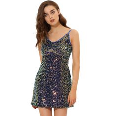 The color will change at different angles. Perfect dress for a party, which makes you noticeable enough. This sequin dress is stretchy with adjustable straps. A cami dress with a spaghetti strap and its mini length offers a charming look for day or night. It is perfectly paired with high heels for a beauty and fashion look. A worth-buying party dress. This fashionable and trendy clothes for women can not only be worn daily, but can also be easily matched as a Christmas costumes to create a uniqu Sequin Glitter Dress With Spaghetti Straps For Night Out, Backless Slip Dress For Prom Party, Sequin Dress With Spaghetti Straps For Night Out, Summer Stretch Sequin Prom Dress, Glitter Spaghetti Strap Night Out Dress, Glitter Spaghetti Straps Dress For Night Out, Glitter Spaghetti Strap Dress For Night Out, Sequin Dress With Spaghetti Straps For Party Season, Summer Sequin Stretch Dress For Prom