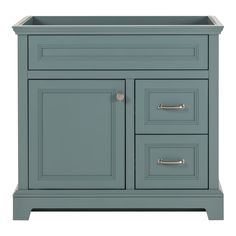 a bathroom vanity with two drawers and one door on the side, in blue color