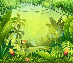 an image of a jungle scene with birds and plants