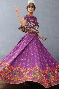 Purple attached cancan lehenga with mughal, floral, rose print all over. Paired with tassel sequin embellished blouse. - Aza Fashions Bohemian Floor-length Lehenga For Festive Occasions, Bohemian Floor-length Choli For Diwali, Bohemian Long Skirt Dresses For Navratri, Bohemian Dress With Cutdana For Festival, Bohemian Floor-length Dupatta For Festival, Bohemian Festival Dress With Cutdana, Bohemian Lehenga Saree For Transitional Season, Bohemian Floor-length Lehenga For Navratri, Bohemian Floor-length Lehenga For Diwali