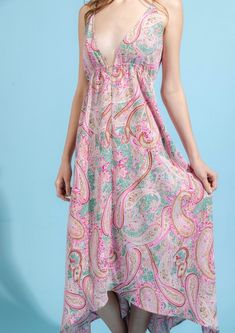 Flaunt your style with this beautiful Paisley Pattern Maxi Dress! Embrace a daring deep-v neck and open back to turn heads everywhere you go. Feel the summer sun on your skin and show off your wild side! Guaranteed to be the life of any party! Paisley Pattern Maxi Dress: Deep V-neck Uneven hem Open back Summer V-neck Printed Maxi Dress, Flirty V-neck Sundress For Beach, V-neck Dresses For Summer Parties, Fitted V-neck Beach Dress For Summer Parties, V-neck Maxi Dress For Beach Cover-up In Summer, Floral Print V-neck Dress For Beach Party, Fitted V-neck Summer Beach Dress, Pink V-neck Sundress, Pink V-neck Sundress For Beach