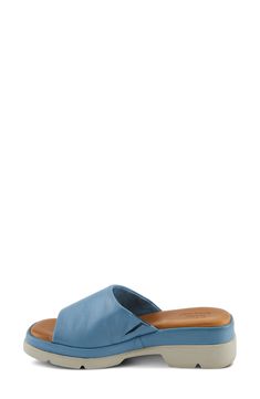 A subtle platform and chunky heel elevate a leather slide sandal fitted with a gore inset on cushioned footbed for optimal comfort. 2" heel; 1" platform Elastic gore inset Memory foam cushioning Leather upper and lining/synthetic sole Made in Turkey Fire Island, Platform Slides, Leather Slide Sandals, Leather Slides, Sandal Women, Chunky Heel, Denim Blue, Chunky Heels, Slide Sandals