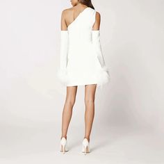 ALONDRA FEATHERS SLEEVE ONE SHOULDER MINI DRESS – CTRL N U I T White Mini Dress With Feather Trim, One Shoulder Party Dress With Feather Trim, Chic One Sleeve Mini Dress For Party, One Shoulder Off Shoulder Dress For Fall Party, Chic One-shoulder Mini Dress For Winter, Summer Mini Dress With Feather Trim, White Feather Trim Mini Dress, Winter Off-shoulder Cocktail Dress, Winter Cocktail Off-shoulder Dress