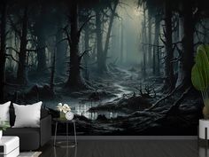 a living room with a couch, chair and wall mural depicting a dark forest scene