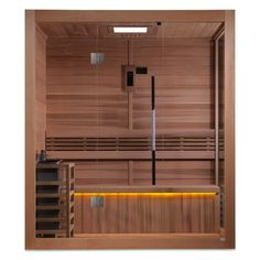 the inside of a wooden sauna with lights