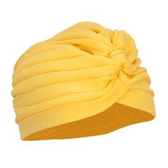 Women's Solid Turban HatMade of 100% polyester.One size fits most women with flexibility, fitting up to XL.Adult/Woman.Crown measures 6 inches deep and 10 inches wide.Hand wash only.Imported. Classic and plain turban hat for ladies.Solid in color.Wrap is pleated.Easily stretchable and flexible.Ensures a comfortable fit.Crushable and packable.Our poly turban is a great head wrap for holding your hair in place and cover your hair.All Season.10(W) X 6(L) X 1/4(H) inches.Flexible, lightweight and soft material.Available in different colors and styles. Summer Stretch Turban, Adjustable Knotted Turban, Fitted Yellow Headwrap For Parties, Adjustable Yellow Turban For Summer, Beach Turban With Knotted Detail, Fitted Yellow Turban, Green One-size Headwrap For Summer, Casual One-size Solid Color Headwrap, Green Bohemian Turban One Size