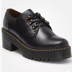 Elevate Your Shoe Game With These Stylish Black Leather Platform Boots From Dr. Martens. Featuring A Round Toe And Lace-Up Closure, These Ankle Boots Come In A Women's Us Shoe Size 9 With A Mid-Height Block Heel And 1 1/8 Inch Platform. Perfect For Any Occasion, These Boots Are Versatile Enough For Travel, Casual Wear, Business Meetings, And Even A Night Out. Upgrade Your Wardrobe With A Smooth Leather Derby Featuring Doc Marten's Signature Air Wair Cushioning, Yellow Welt Stitching And A Lugged Doc Martens Air Wair Shoes, Black Platform Lace-up Shoes With Almond Toe, Black Leather Lace-up Office Shoes, Black High Heel Platform Lace-up Shoes, Black Platform Oxfords With Round Toe, Black Lace-up Shoes With Chunky Platform And Round Toe, Black Lace-up Platform Shoes With Round Toe, Black Chunky Platform Lace-up Shoes, Black Leather Flat Heel Platform Shoes