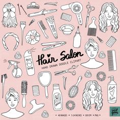 the hair salon doodle clipart is shown in black and white on a pink background